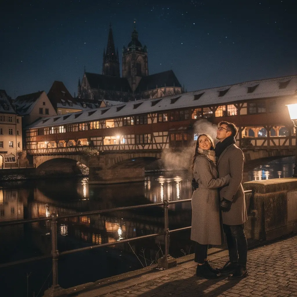 Blick auf die beeindruckende Erfurter Kathedrale im Hintergrund der Brücke.