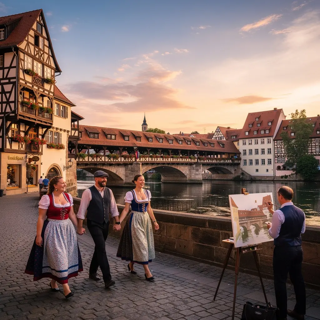 Panoramaansicht der Krämerbrücke bei Sonnenuntergang.