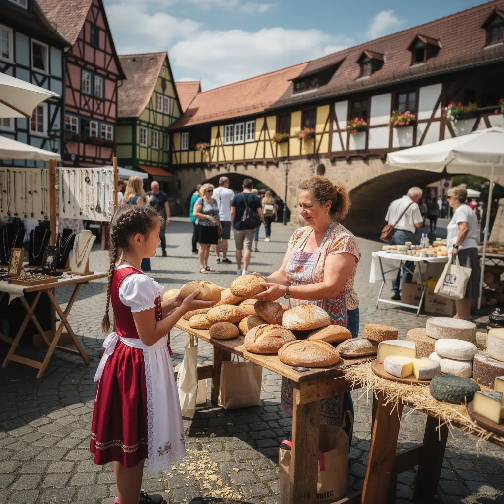 Einmalige Perspektive auf die Brücke mit Marktständen und Menschen.